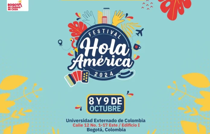 Cartel promocional del Festival Hola América 2024 en Bogotá, con actividades académicas y culturales para migrantes y refugiados.