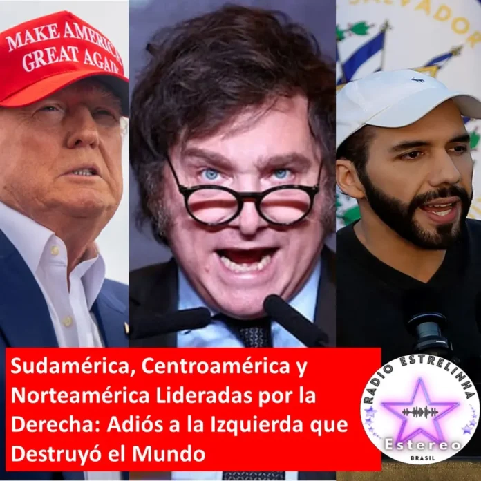 Imagen de los líderes Donald Trump, Javier Milei y Nayib Bukele simbolizando el nuevo movimiento político en América Latina.